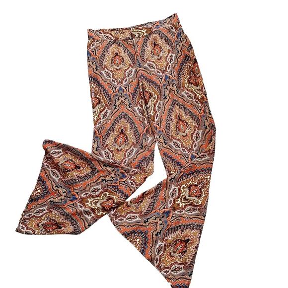 Zara Brown Orange Boho Paisley Print Flare Leg Pants Bloggers Fav Medium - Picture 2 of 11